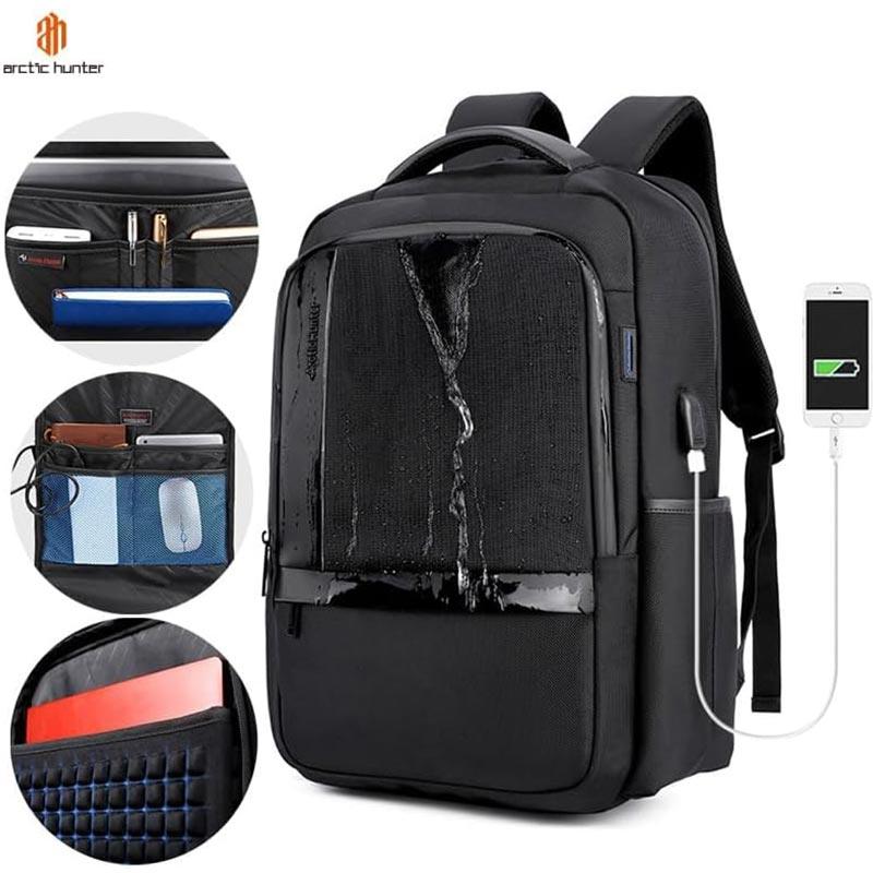 Arctic Hunter Casual Travel Backpack - Water-Resistant Unisex School College Bag with Built-In USB Port and Laptop Compartment for Men and Women, B00120C Black